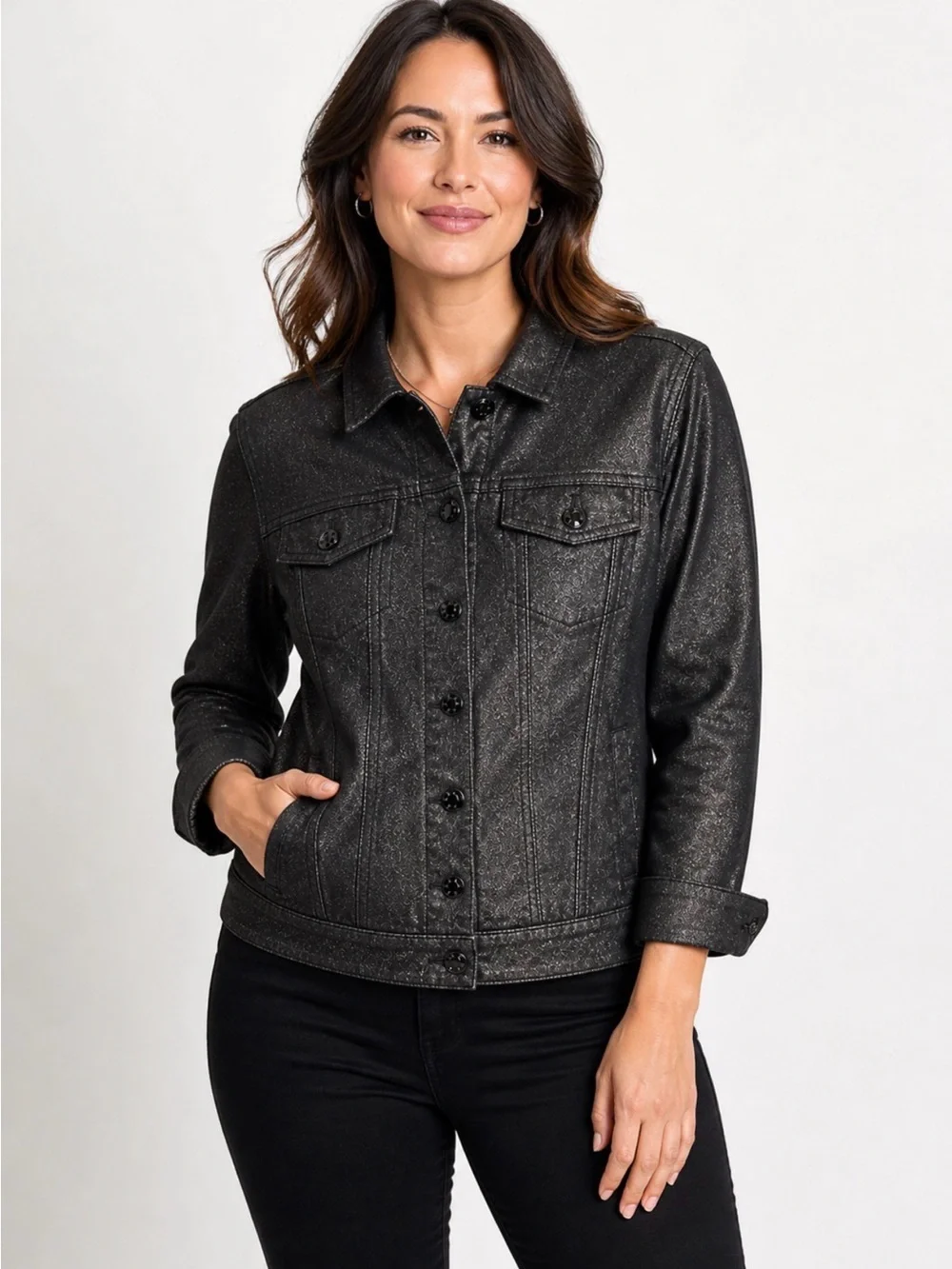 NWOT William Rast Women's Small Black Metalic Jean Jacket With Rivet Buttons